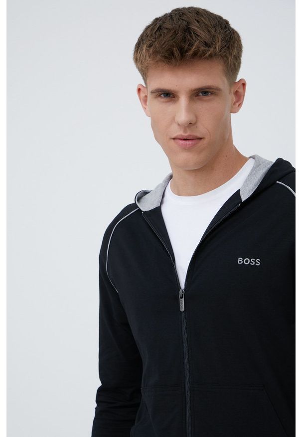 BOSS bluza 50469540 męska kolor czarny z kapturem gładka. Typ kołnierza: kaptur. Kolor: czarny. Długość rękawa: raglanowy rękaw. Wzór: gładki