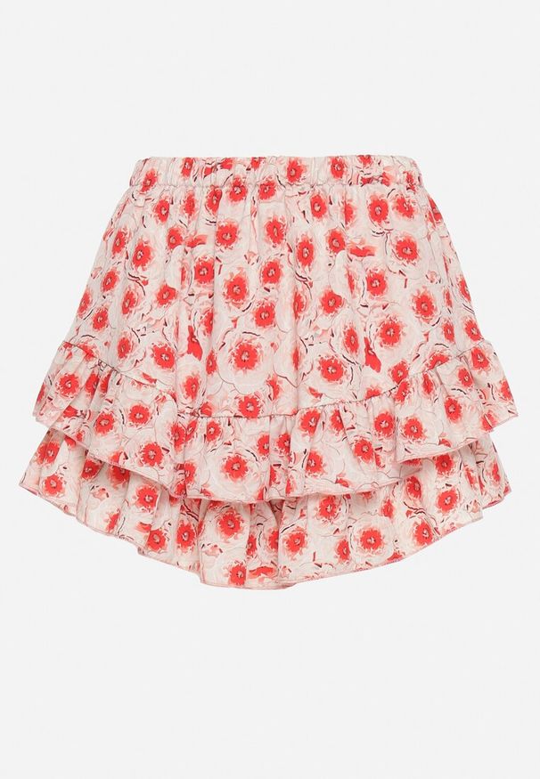 Born2be - Beżowo-Czerwone Szorty Spódnica o Luźnym Kroju z Ozdobnymi Falbankami Ebilinia. Kolor: beżowy. Materiał: jedwab, materiał. Styl: elegancki