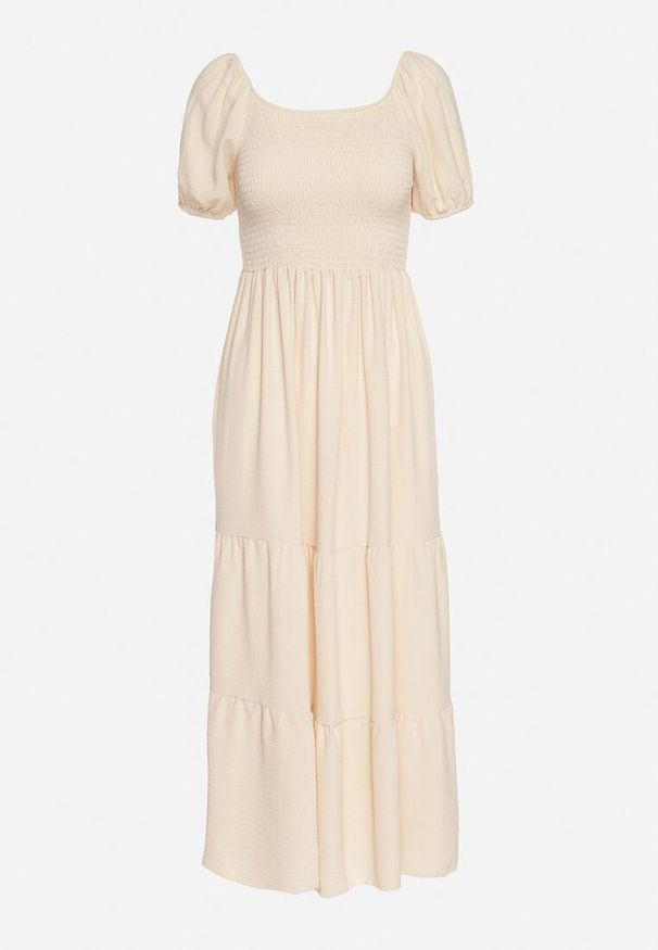 Born2be - Jasnobeżowa Rozkloszowana Sukienka z Dekoltem Typu Hiszpanka z Marszczeniem Lumorice. Okazja: na co dzień. Typ kołnierza: dekolt hiszpanka. Kolor: beżowy. Styl: casual, elegancki