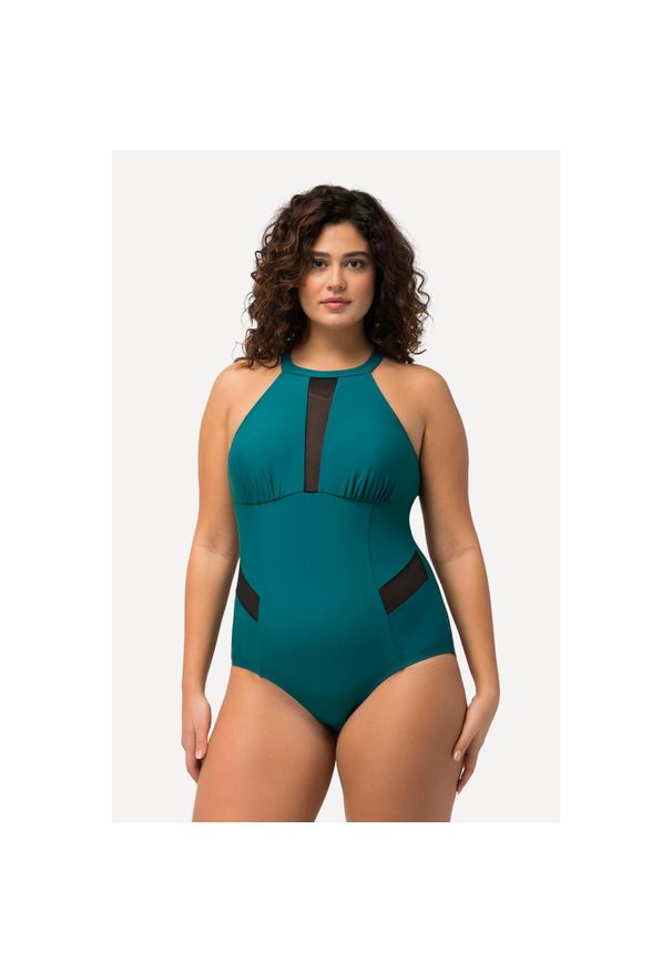 ULLA POPKEN - Damski Kostium kąpielowy dekolt typu halter miękkie miseczki. Kolekcja: plus size. Kolor: zielony. Materiał: elastan, poliamid, materiał