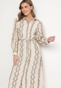 Born2be - Beżowa Koszulowa Sukienka z Wiskozy z Wiązanym Paskiem Zdobiona Haftem Rallisia. Okazja: na co dzień. Kolor: beżowy. Materiał: wiskoza. Wzór: haft, aplikacja. Typ sukienki: koszulowe. Styl: klasyczny, casual, elegancki #6