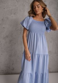 Renee - Jasnoniebieska Sukienka z Wiskozy o Rozkloszowanym Kroju z Bufiastymi Rękawkami Rosena. Kolor: niebieski. Materiał: wiskoza. Długość rękawa: krótki rękaw. Sezon: lato. Typ sukienki: rozkloszowane. Długość: maxi #1