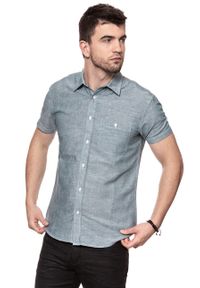 Wrangler - KOSZULA MĘSKA KRÓTKI RĘKAW WRANGLER S/S 1PKT SHIRT OCEAN TEAL W5916LPDP. Materiał: materiał. Długość rękawa: krótki rękaw. Długość: krótkie. Wzór: melanż