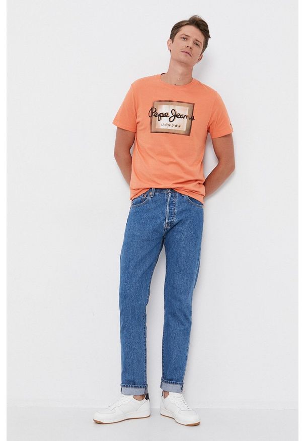 Pepe Jeans - T-shirt bawełniany Wesley. Okazja: na co dzień. Kolor: pomarańczowy. Materiał: bawełna. Wzór: nadruk. Styl: casual