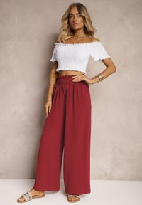 Renee - Bordowe Spodnie High Waist z Szerokimi Nogawkami i Gumką w Pasie Risabesa. Okazja: na co dzień. Stan: podwyższony. Kolor: czerwony. Styl: elegancki, casual #4