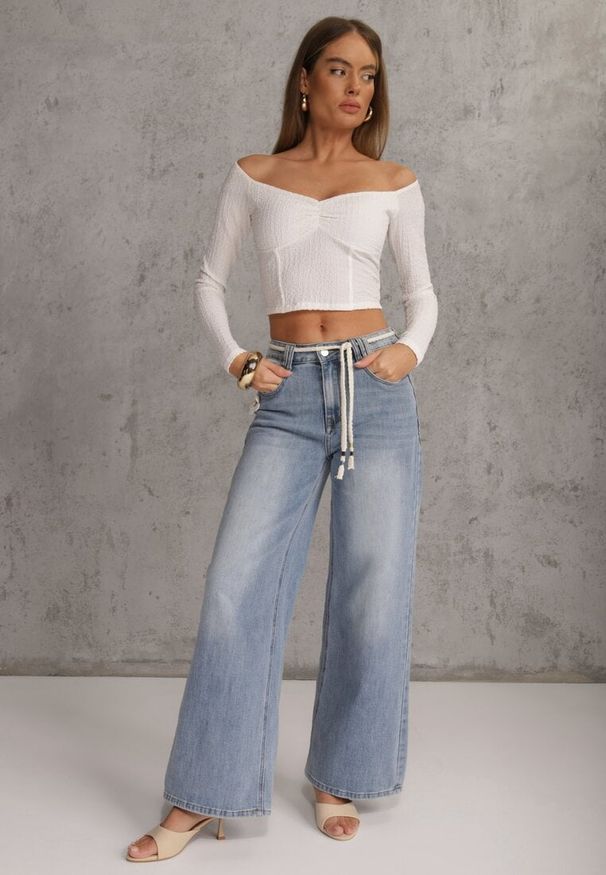 Renee - Niebieskie Szerokie Jeansy z Bawełną High Waist z Paskiem Typu Sznurek Caninna. Stan: podwyższony. Kolor: niebieski. Sezon: wiosna