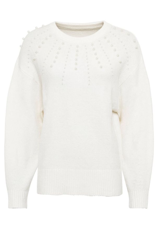 Sweter z perełkami bonprix biel wełny. Kolor: biały. Materiał: wełna, poliester, elastan, materiał, akryl