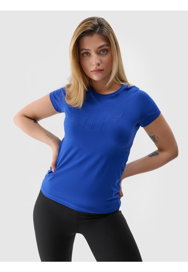 4f - 4F T-shirt slim z nadrukiem damski - niebieski XS. Okazja: na co dzień. Kolor: niebieski. Materiał: jersey, materiał, bawełna, elastan, dzianina. Długość rękawa: krótki rękaw. Długość: krótkie. Wzór: nadruk. Styl: sportowy, casual
