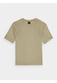 4f - T-shirt slim crop-top gładki damski - khaki. Okazja: na co dzień. Kolor: brązowy, wielokolorowy, oliwkowy. Materiał: syntetyk, prążkowany, dzianina, materiał. Długość rękawa: krótki rękaw. Długość: krótkie. Wzór: gładki. Styl: casual, sportowy