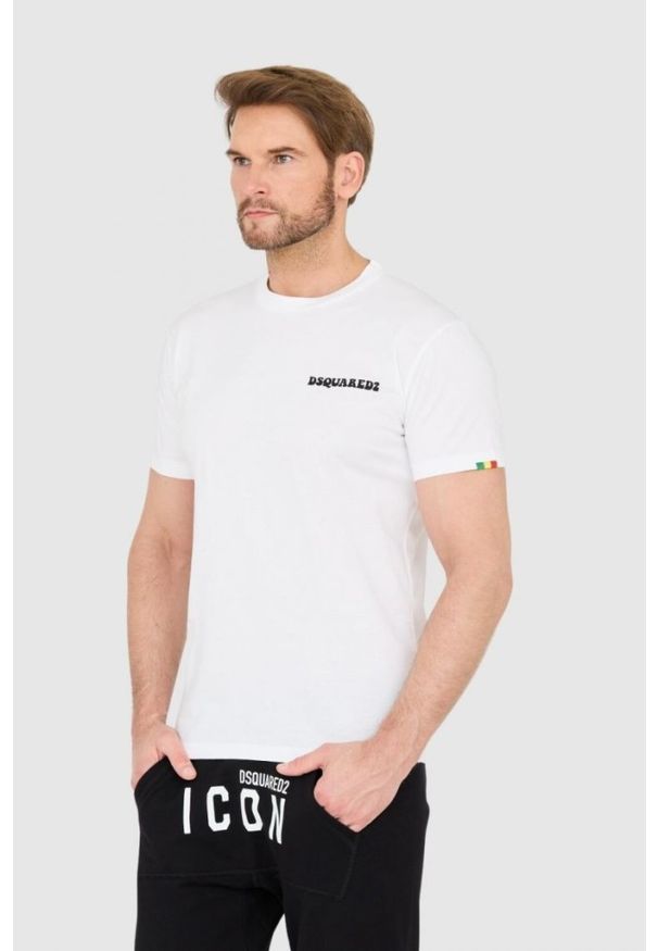 DSQUARED2 Biały męski bawełniany t-shirt z małym logo, Rozmiar S. Kolor: biały. Materiał: bawełna