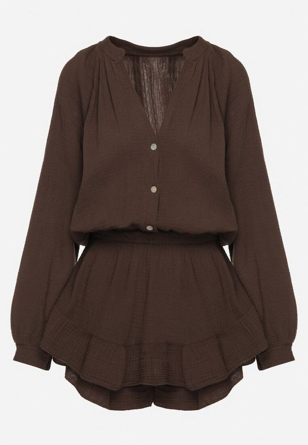 Born2be - Brązowy Bawełniany Kombinezon z Elastyczną Gumką w Talii i Spódnico-Spodenkami Gleasea. Okazja: na co dzień. Kolor: brązowy. Materiał: bawełna. Styl: casual, elegancki