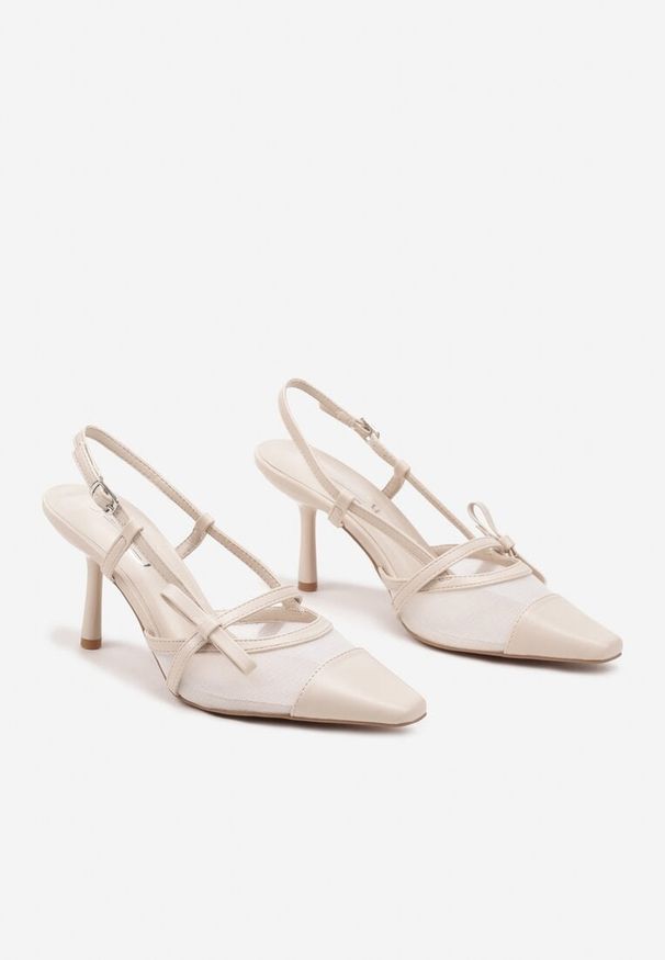 Renee - Beżowe Czółenka na Szpilce Typu Slingback z Siateczkową Cholewką Asdexia. Okazja: na spacer, na co dzień. Nosek buta: szpiczasty. Zapięcie: sprzączka. Kolor: beżowy. Materiał: jeans. Szerokość cholewki: normalna. Obcas: na szpilce. Styl: elegancki, casual