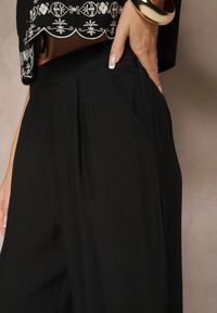 Renee - Czarne Wiskozowe Spodnie o Szerokim Kroju z Lnem i Przeszyciami Fenelira. Okazja: na co dzień. Stan: podwyższony. Kolor: czarny. Materiał: len, wiskoza. Styl: elegancki, casual #3