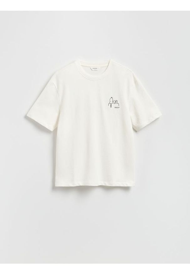 Reserved - Bawełniany t-shirt Snoopy - złamana biel. Materiał: bawełna