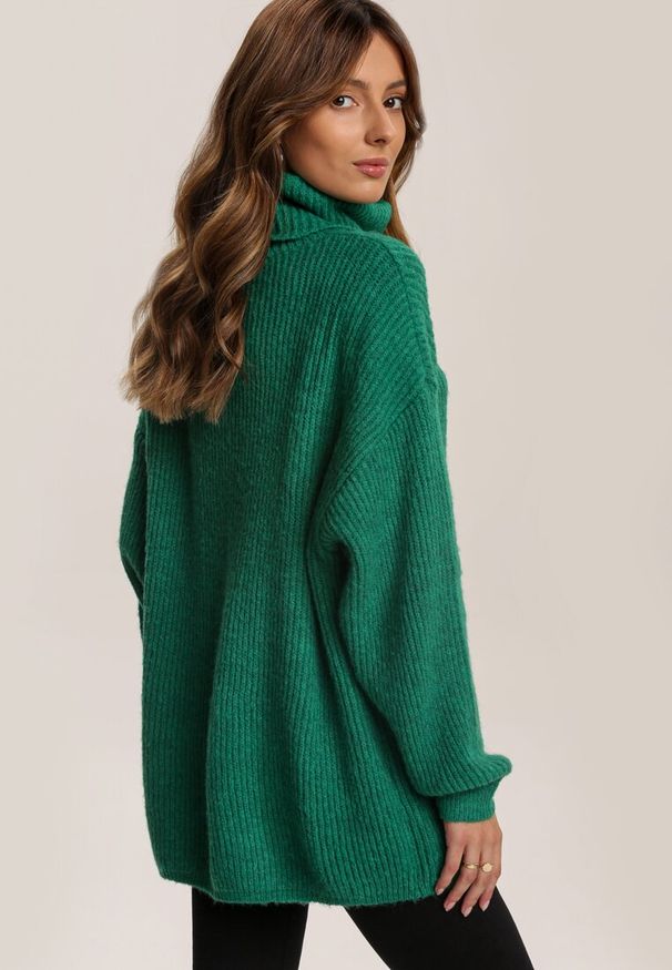 Renee - Zielony Golf Oversize Malia. Okazja: na co dzień. Typ kołnierza: golf. Kolor: zielony. Materiał: jeans, wiskoza, skóra, dzianina. Długość rękawa: długi rękaw. Długość: długie. Wzór: ze splotem, prążki. Styl: klasyczny, casual