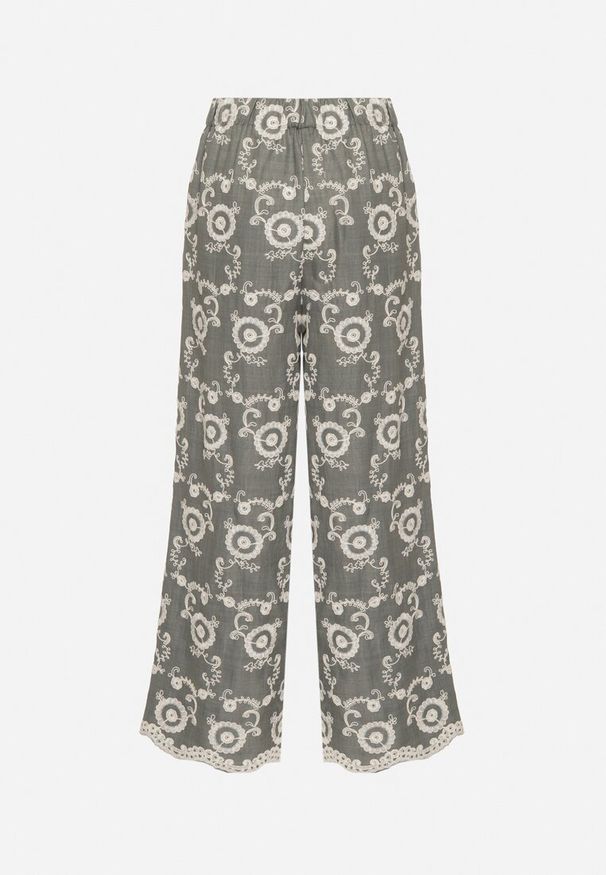 Born2be - Ciemnozielone Szerokie Spodnie z Wysokim Stanem i Haftem Tulsedi. Okazja: na co dzień. Stan: podwyższony. Kolor: zielony. Wzór: haft. Sezon: wiosna, lato. Styl: casual, elegancki