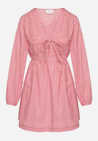 Born2be - Czerwona Sukienka w Drobną Kratkę z Wiązaniem Przy Dekolcie Noemis. Okazja: na co dzień, do pracy. Typ kołnierza: dekolt w kształcie V. Kolor: czerwony. Długość rękawa: długi rękaw. Wzór: kratka. Typ sukienki: proste. Styl: casual #4