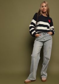 Born2be - Granatowy Sweter z Dodatkiem Kaszmiru o Prostym Kroju w Paski Venlire. Okazja: na co dzień. Kolor: niebieski. Materiał: kaszmir. Wzór: paski. Styl: casual, klasyczny