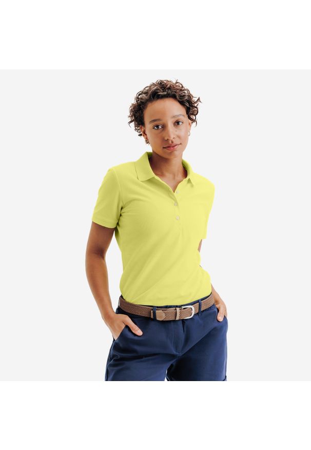 INESIS - Koszulka polo do golfa z krótkim rękawem damska Inesis MW500. Typ kołnierza: polo, golf. Kolor: żółty. Materiał: poliester, bawełna, materiał. Długość rękawa: krótki rękaw. Długość: krótkie. Wzór: ze splotem. Styl: klasyczny, sportowy