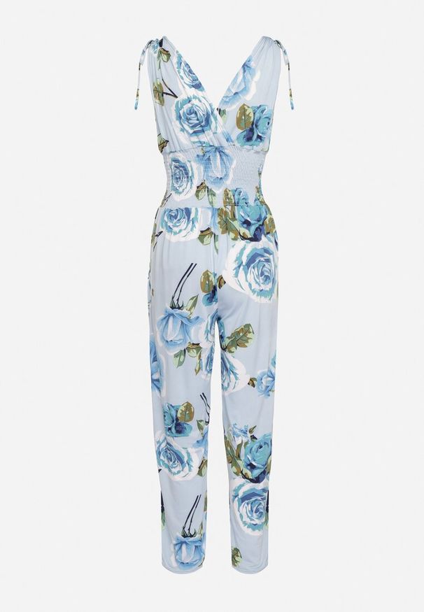 Born2be - Jasnoniebieski Taliowany Kombinezon w Kwiaty z Długimi Nogawkami Renivia. Okazja: na co dzień. Kolor: niebieski. Długość: długie. Wzór: kwiaty. Styl: casual, street