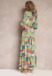 Renee - Zielona Rozkloszowana Sukienka Maxi z Falbanką w Patchworkowy Wzór Fiorella. Kolor: zielony. Materiał: bawełna, tkanina. Wzór: aplikacja. Długość: maxi #4