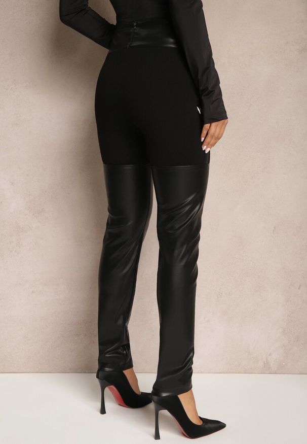 Renee - Czarne Spodnie o Kroju Skinny Zdobione Klamrami i Wstawkami z Ekoskóry Narvia. Okazja: na co dzień. Stan: podwyższony. Kolor: czarny. Wzór: aplikacja. Styl: elegancki, rockowy, casual