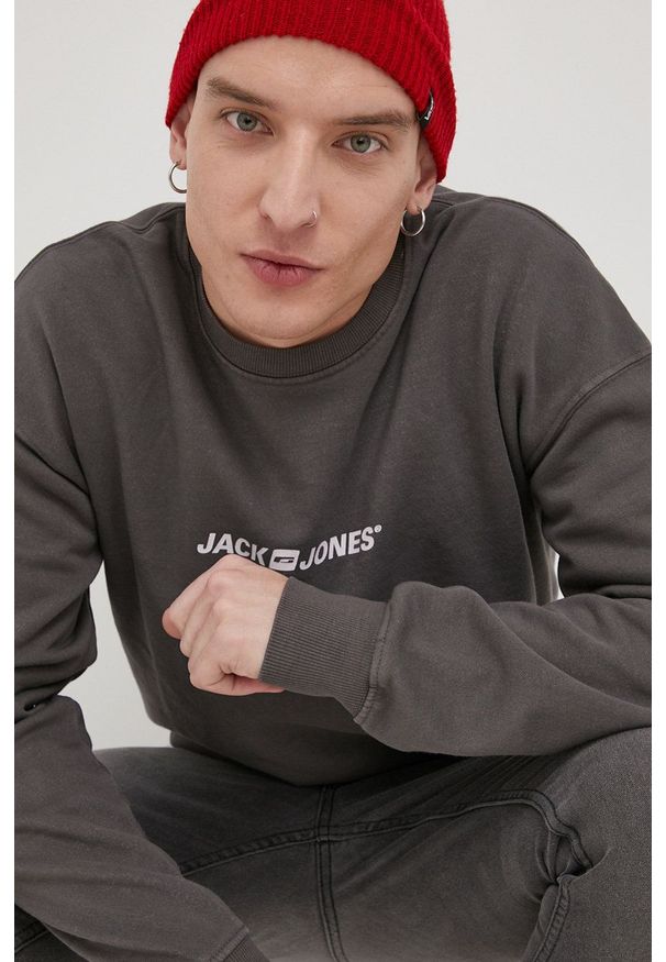 Jack & Jones Bluza męska kolor szary z nadrukiem. Kolor: szary. Materiał: dzianina. Wzór: nadruk