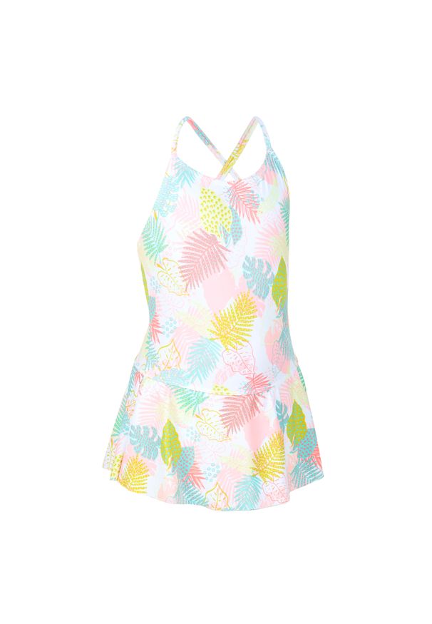 Strój jednoczęściowy pływacki dla dzieci Decathlon Lila Ama ze spódniczką. Kolor: różowy. Materiał: poliester, elastan, materiał