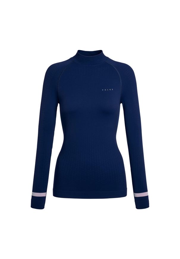 Damska koszulka z długim rękawem typu turtleneck Falke Warm. Typ kołnierza: golf. Kolor: niebieski. Długość rękawa: długi rękaw. Długość: długie. Styl: sportowy, elegancki