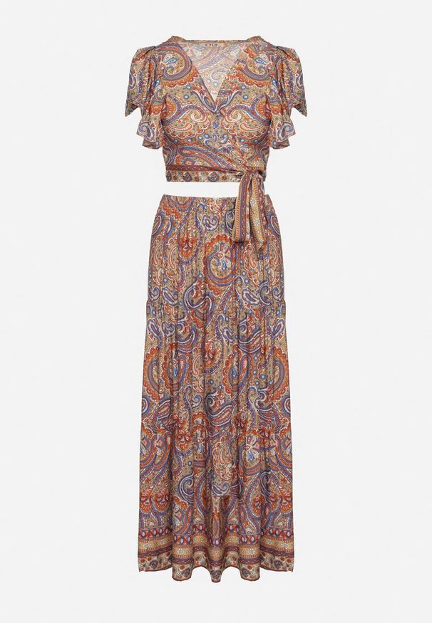 Born2be - Beżowy Komplet 2-Częściowy we Wzór Paisley z Wiskozy Spódnica Maxi i Kopertowa Góra Wabila. Kolor: beżowy. Materiał: wiskoza. Wzór: paisley