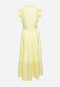 Born2be - Żółta Sukienka Ażurowa o Koszulowym Kroju z Paskiem z Ekoskóry Trija. Okazja: na imprezę, na co dzień. Kolor: żółty. Wzór: ażurowy. Typ sukienki: koszulowe. Styl: elegancki, casual #5