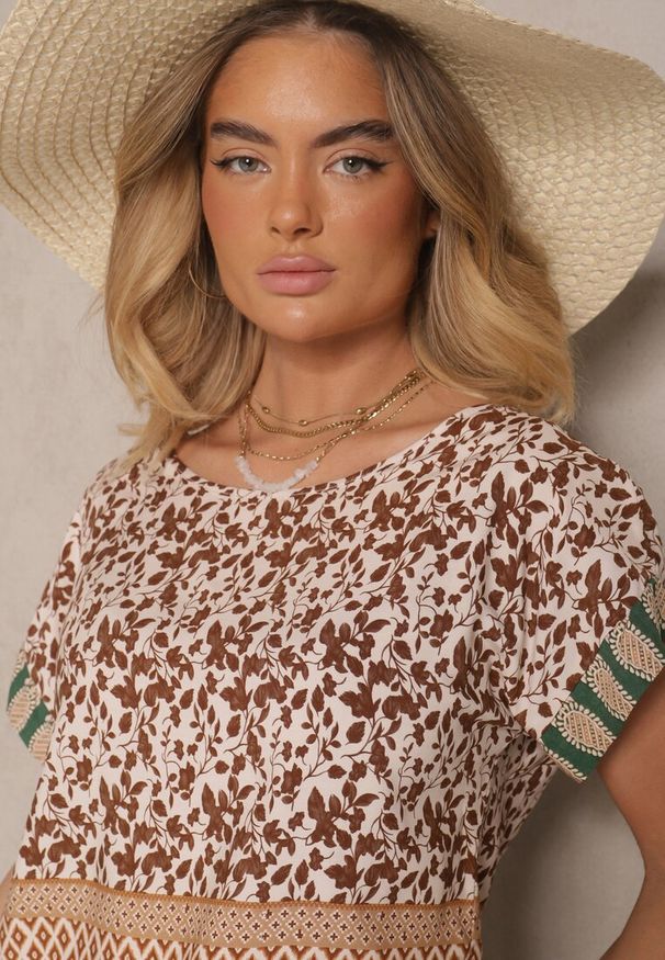 Renee - Brązowy Komplet z Bawełny w Print Boho Szerokie Spodnie i Koszulka Telanitha. Kolor: brązowy. Materiał: bawełna. Wzór: nadruk