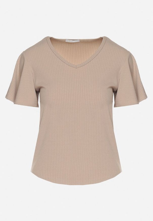 Born2be - Ciemnobeżowa Bluzka z Szerokimi Rękawami Sunevia. Okazja: na co dzień. Typ kołnierza: dekolt w kształcie V. Kolor: beżowy. Materiał: jeans. Styl: elegancki, casual