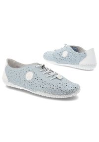 Półbuty damskie Rieker, ażurowa cholewka sznurowane lekka podeszwa wygodny codzienny fason, niebieskie, 43656-12. Okazja: na co dzień. Zapięcie: sznurówki. Kolor: niebieski. Materiał: jeans. Szerokość cholewki: normalna. Wzór: ażurowy. Styl: casual #3