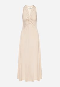 Born2be - Jasnobeżowa Rozkloszowana Sukienka Bez Rękawów z Wiskozą Zdobiona Marszczeniem Folenissa. Okazja: na imprezę. Typ kołnierza: kokarda, dekolt w kształcie V. Kolor: beżowy. Materiał: wiskoza. Długość rękawa: bez rękawów. Wzór: aplikacja. Typ sukienki: rozkloszowane #2