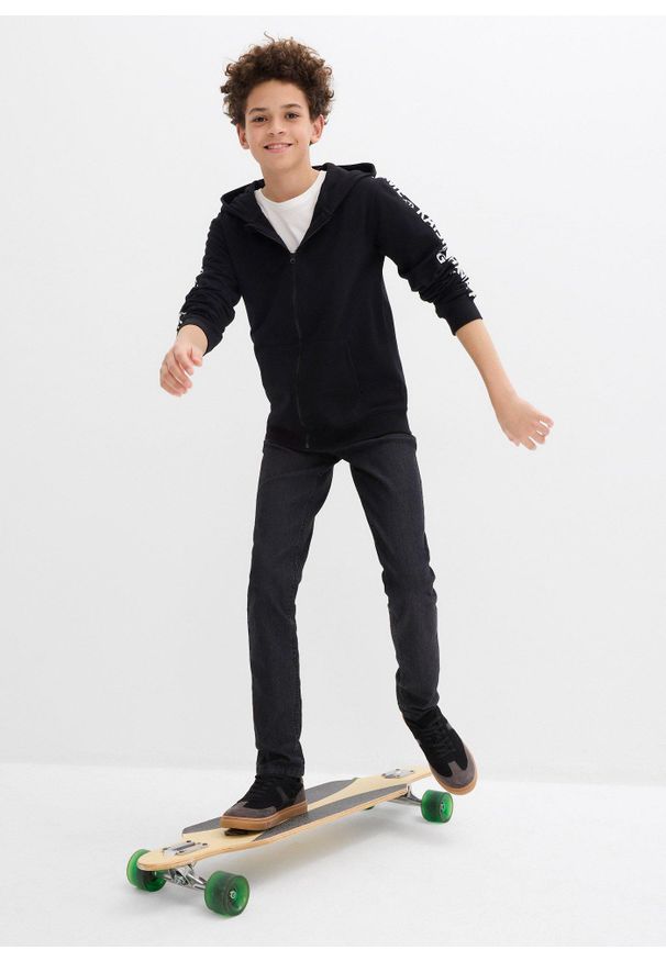 bonprix - Bluza rozpinana z kapturem z bawełny organicznej. Typ kołnierza: kaptur. Kolor: czarny. Materiał: bawełna. Wzór: napisy