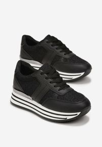 Born2be - Czarne Brokatowe Sneakersy na Piankowej Podeszwie Takamas. Nosek buta: okrągły. Zapięcie: sznurówki. Kolor: czarny. Materiał: materiał. Sezon: wiosna, lato, jesień. Obcas: na obcasie. Wysokość obcasa: niski #4