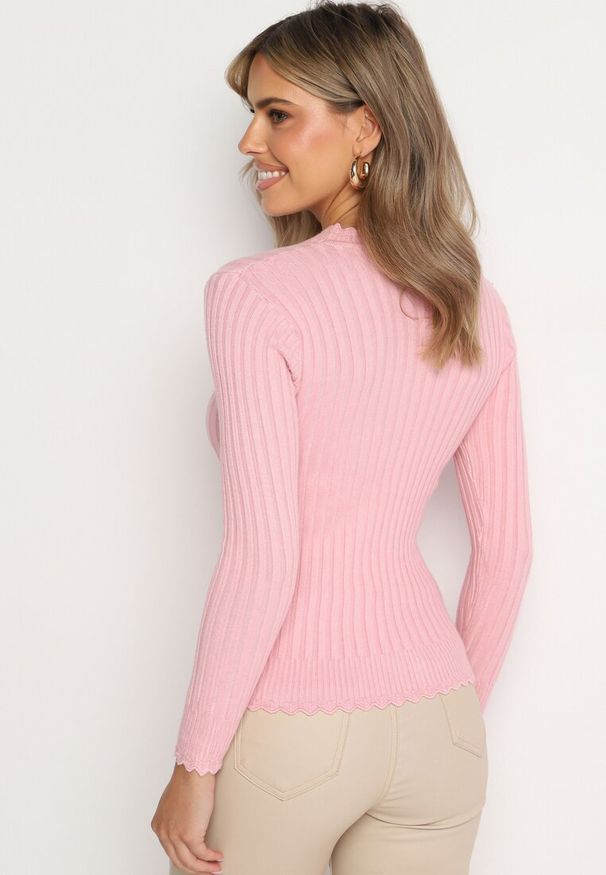 Born2be - Różowy Prążkowany Sweter z Bawełną Mevin. Okazja: na co dzień. Kolor: różowy. Materiał: bawełna, prążkowany. Styl: casual, elegancki