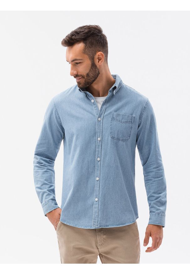 Ombre Clothing - Koszula męska z długim rękawem K566 - niebieska - XXL. Okazja: na co dzień. Kolor: niebieski. Materiał: bawełna, jeans. Długość rękawa: długi rękaw. Długość: długie. Styl: casual