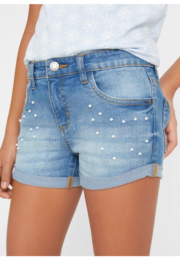 bonprix - Szorty jeansowe, średni stan. Kolor: niebieski. Wzór: aplikacja. Styl: elegancki