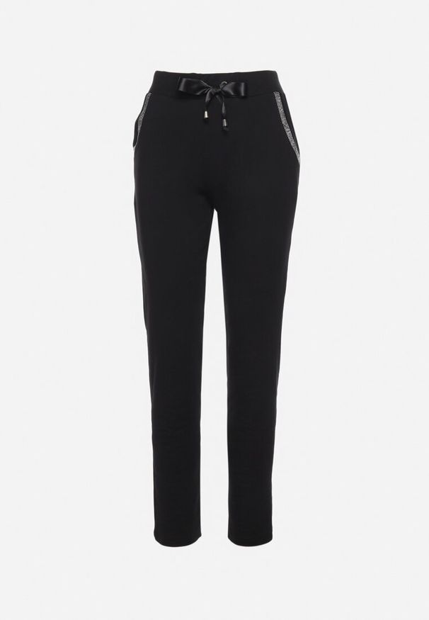 Born2be - Czarne Dzianinowe Spodnie Dresowe z Gumką Ozdobione Cyrkoniami Trasia. Stan: podwyższony. Kolor: czarny. Materiał: dresówka, dzianina. Wzór: aplikacja