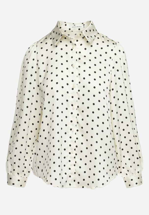 Born2be - Jasnobeżowa Klasyczna Koszula na Guziki Ozdobiona Wzorem w Kropki Vildanas. Okazja: na spotkanie biznesowe. Kolor: beżowy. Materiał: jeans. Wzór: aplikacja, kropki. Styl: klasyczny