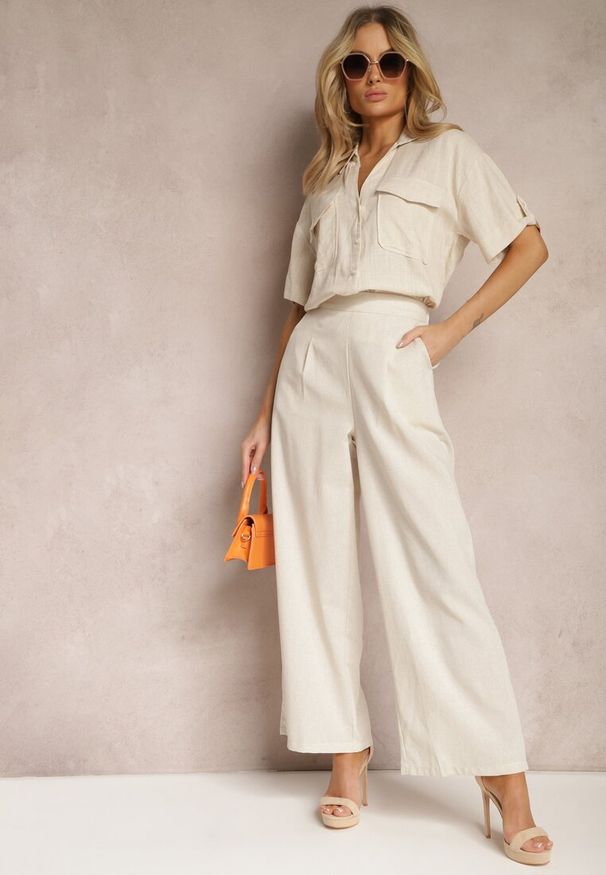 Renee - Jasnobeżowa Bawełniana Koszula z Lnem o Klasycznym Fasonie Leontia. Kolor: beżowy. Materiał: len, bawełna. Styl: klasyczny