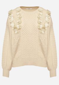 Born2be - Jasnobeżowy Sweter o Prostym Kroju Zdobiony Aplikacją w Kształcie Kwiatów z Perełkami Leavirae. Okazja: na co dzień. Kolor: beżowy. Materiał: jeans. Wzór: aplikacja, kwiaty. Styl: klasyczny, elegancki, casual #4