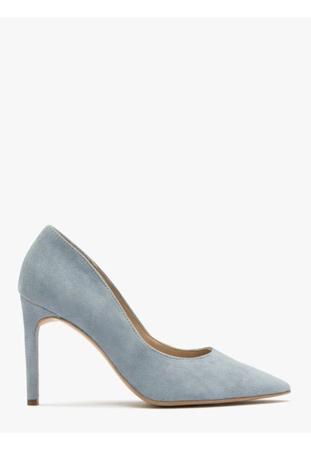 Ryłko - Niebieskie czółenka na wysokim obcasie. Kolor: niebieski. Materiał: skóra, welur. Obcas: na obcasie. Styl: street. Wysokość obcasa: wysoki