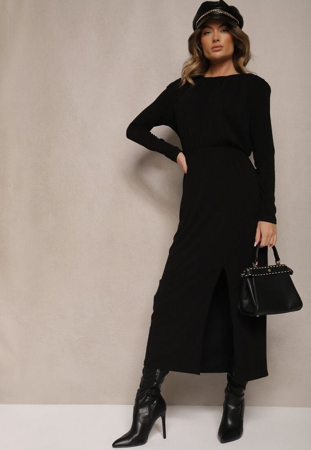 Renee - Czarna Elegancka Sukienka z Wiskozy z Gumką w Talii Zdobiona Eleganckim Rozcięciem Kistaria. Okazja: na spotkanie biznesowe, na co dzień. Kolor: czarny. Materiał: wiskoza. Długość rękawa: długi rękaw. Wzór: aplikacja. Styl: elegancki