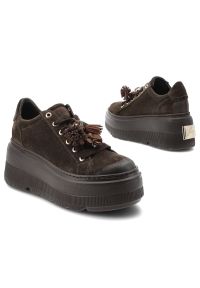 CheBello - Sneakersy damskie Chebello, ze skóry naturalnej z cholewką o zamszowym wykończeniu i ozdobnymi frędzlami przy sznurowaniu, brązowe, 5002_-268-000-PSK. Okazja: na co dzień. Kolor: brązowy. Materiał: skóra, zamsz. Szerokość cholewki: normalna. Wzór: kwiaty. Obcas: na platformie. Styl: casual, elegancki #5