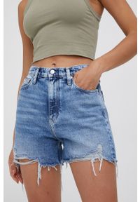 Calvin Klein Jeans szorty jeansowe damskie gładkie high waist. Okazja: na co dzień. Stan: podwyższony. Kolor: niebieski. Materiał: denim, bawełna. Wzór: gładki. Styl: casual