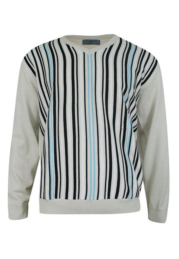 Belika - Sweter Beżowy w Serek, Paski, Prążki, Dekolt V-neck, Elegancki -BELIKA- Męski. Typ kołnierza: dekolt w serek. Kolor: brązowy, wielokolorowy, beżowy. Materiał: akryl, bawełna. Wzór: prążki, paski. Sezon: jesień, zima. Styl: elegancki