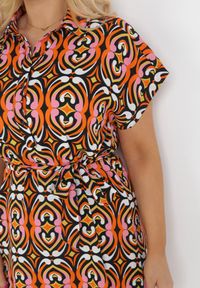 Born2be - Czarno-Pomarańczowa Pudełkowa Sukienka Mini z Guzikami i Materiałowym Paskiem Manes. Kolekcja: plus size. Kolor: pomarańczowy. Materiał: materiał. Typ sukienki: dla puszystych. Długość: mini #4